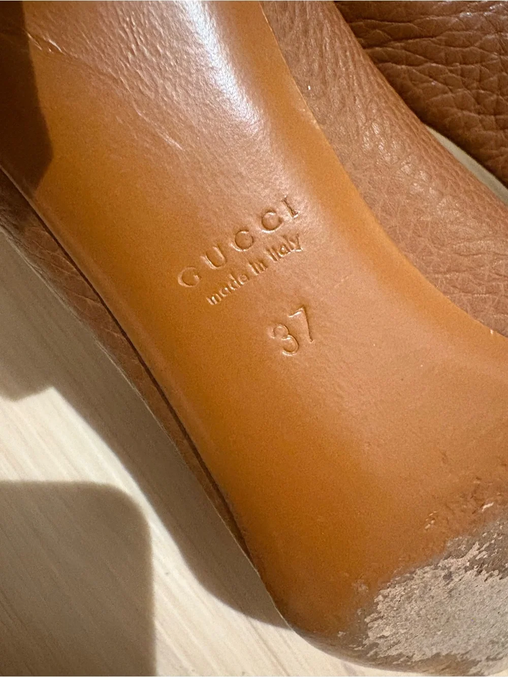 Gucci Tan Leather Heels with Gold Buckle Detail
